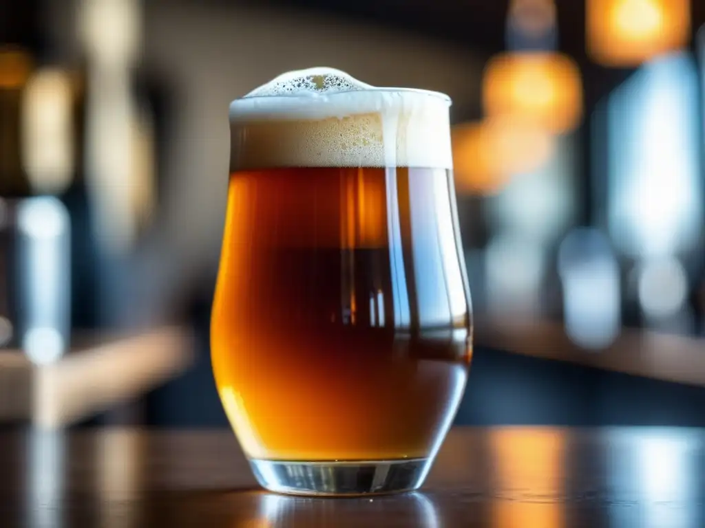 Una deliciosa cerveza artesanal ámbar en un vaso, perfectamente servida, con espuma cremosa y burbujas