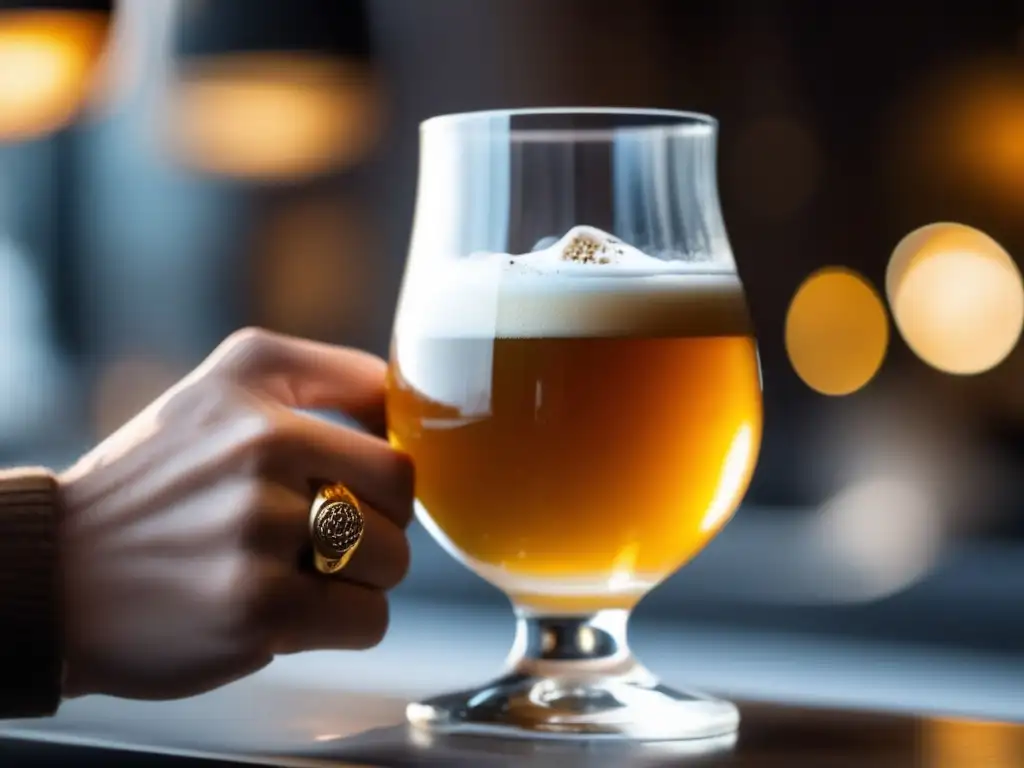 Cerveza artesanal dorada con espuma cremosa en vaso sobre mesa de madera, iluminada por rayos de sol