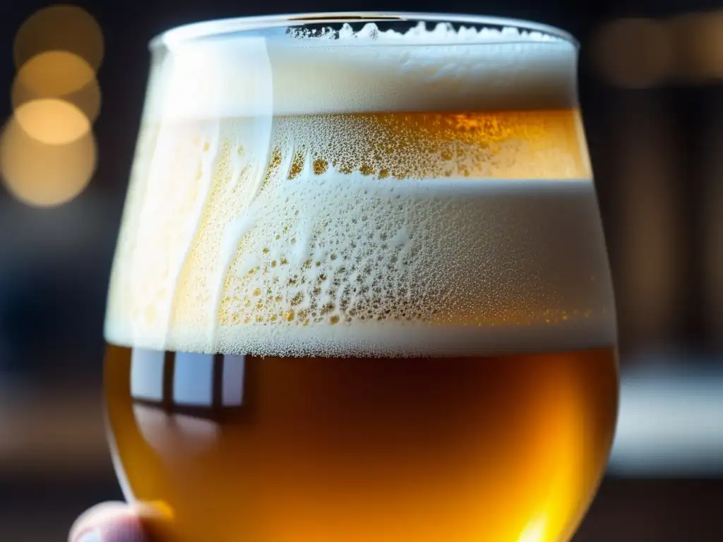 Cerveza artesanal dorada con espuma cremosa y burbujas, mostrando la sabiduría y artesanía detrás de su creación