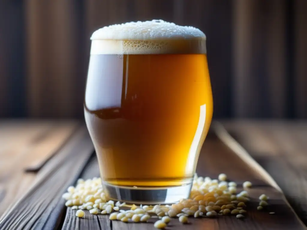 Cerveza artesanal dorada con espuma blanca en vaso de cristal rodeado de agua mineral, lúpulo y cebada