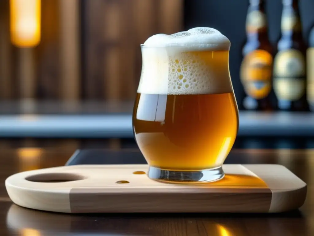 Curso de Cata: Cerveza artesanal dorada con espuma cremosa en vaso de cristal sobre tabla de madera