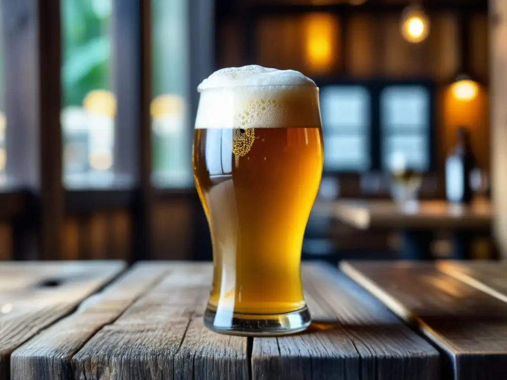 Perspectiva Global: Vaso de cerveza artesanal dorada con espuma cremosa, burbujas detalladas y ambiente cálido