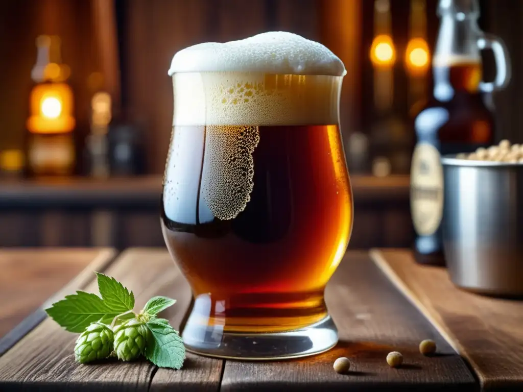 Cerveza casera con burbujas, ingredientes y equipo de homebrewing (110 caracteres)