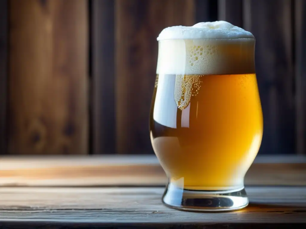 Exquisita cerveza artesanal dorada con cabeza cremosa, condensación brillante y escena de cervecería de fondo