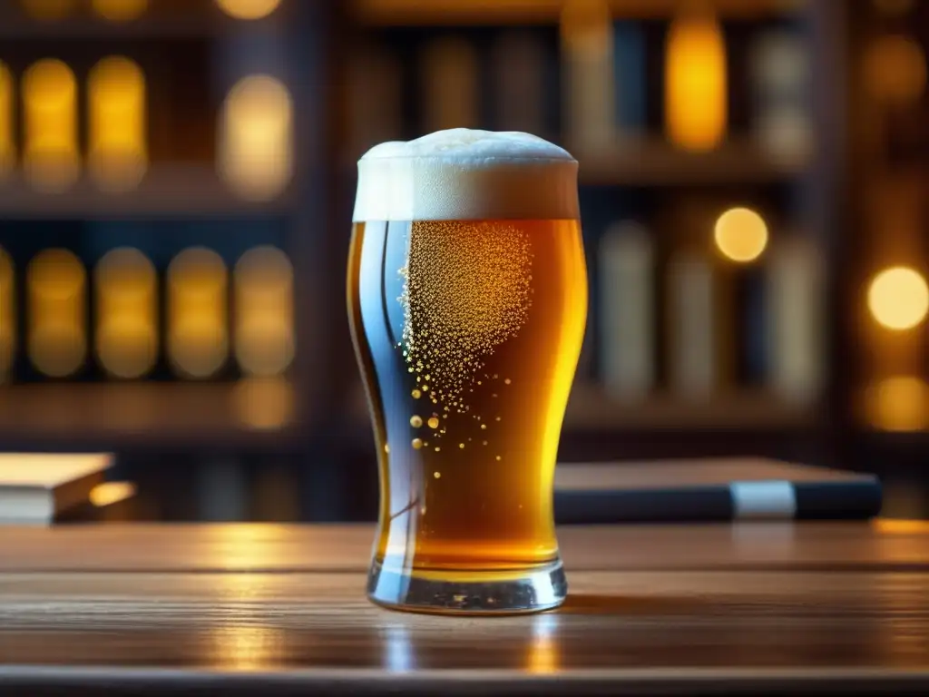 Detallada imagen 8k de cerveza artesanal dorada y burbujeante en un vaso de vidrio sobre una mesa de madera