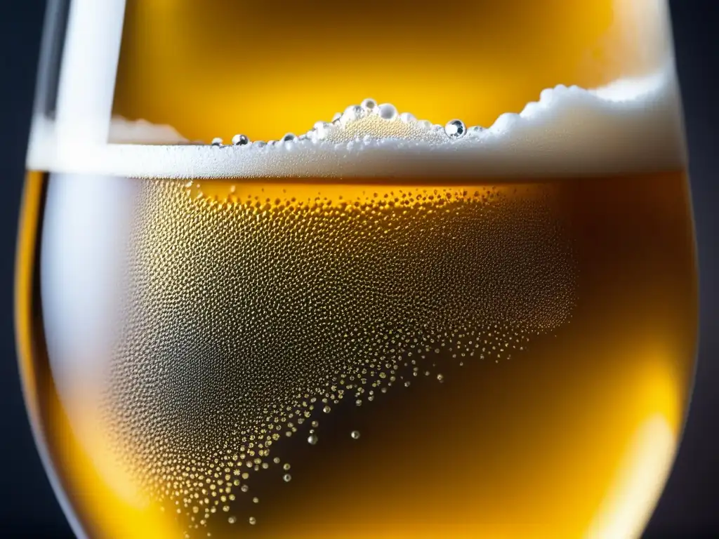 Detallada imagen de una cerveza artesanal, con burbujas brillantes y espuma cremosa