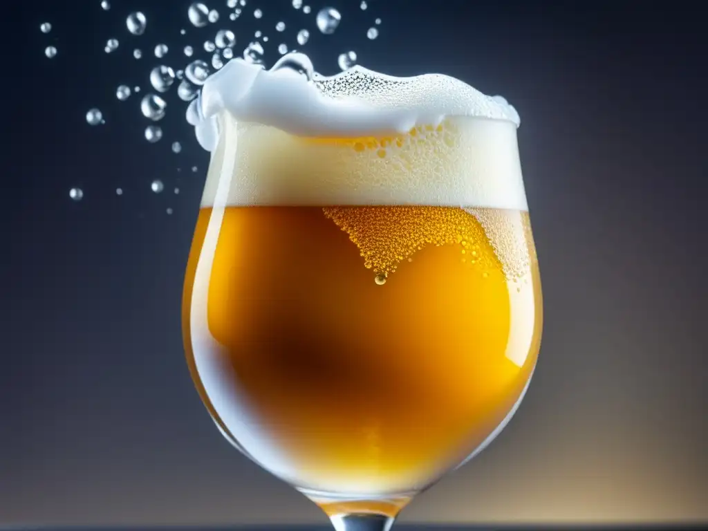 Movimientos cerveceros Europa: Detalle fascinante de una cerveza artesanal dorada, burbujeante y espumosa en una elegante copa de cristal