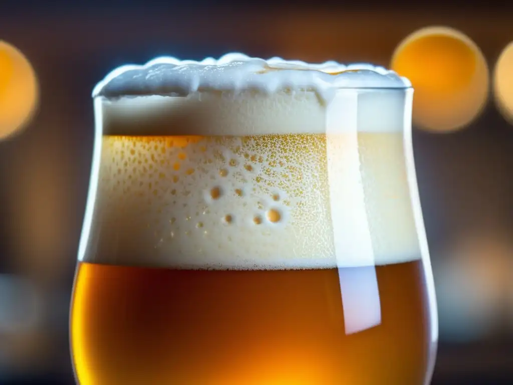 Cerveza artesanal dorada con espuma cremosa y detalles intricados