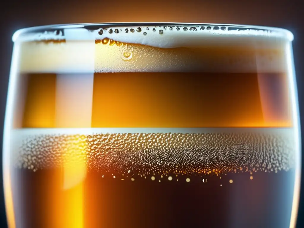 Cerveza artesanal Inglaterra: Pinta de cerveza ámbar, perfectamente carbonatada, con burbujas ascendentes y colores caramelos