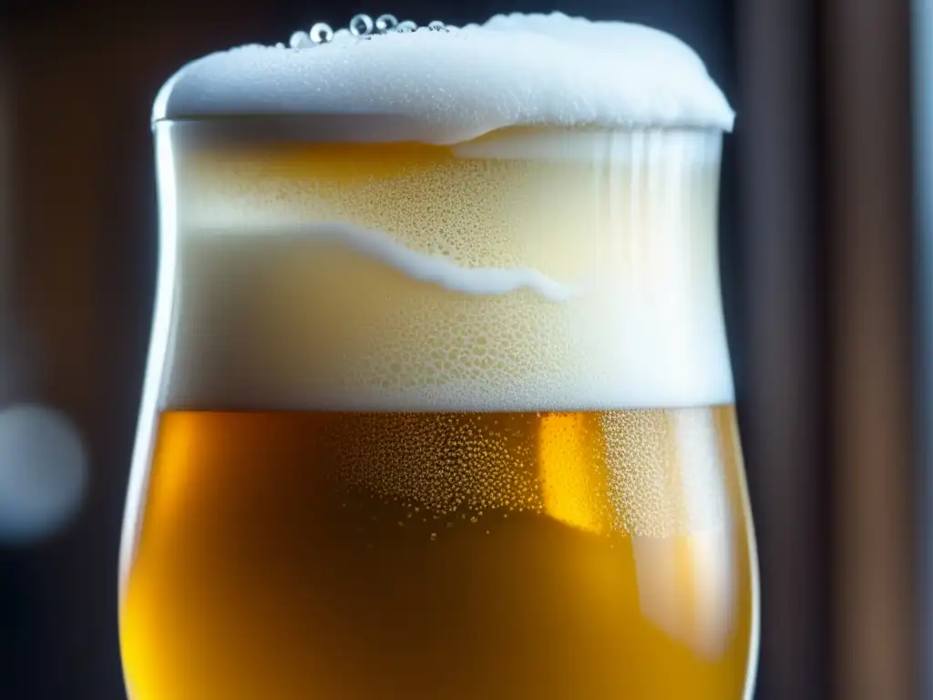 Cerveza dorada con espuma blanca y burbujas, resaltando detalles y textura