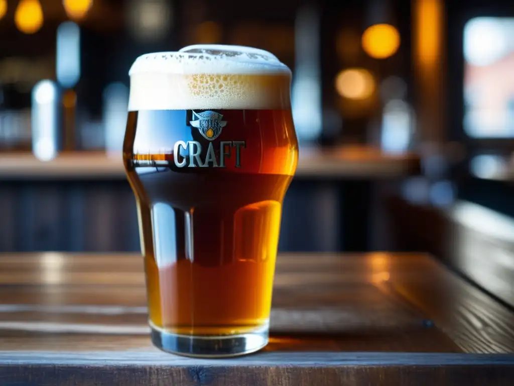 Pintura de cerveza artesanal en una mesa de madera en un bar de moda en Copenhague