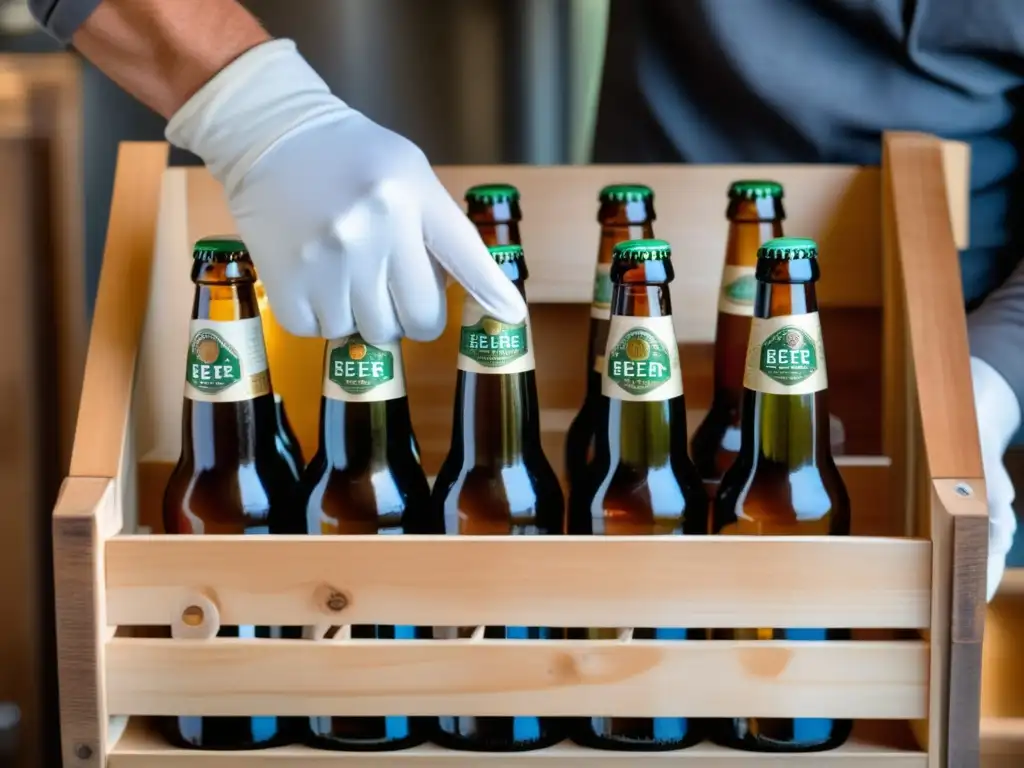 Embotellado de cerveza: Mano cuidadosa coloca botella llena en caja de madera, resalta limpieza, estilos y branding