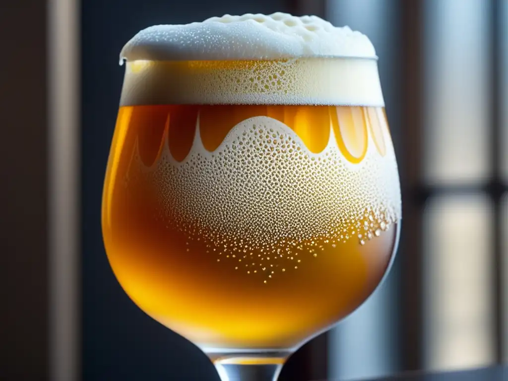 Cerveza artesanal perfectamente servida en copa tulipa, con espuma cremosa y burbujas efervescentes