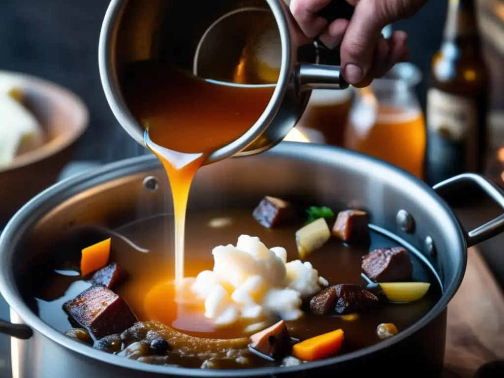 Un chef vierte cerveza artesanal ámbar en un guiso, resaltando el arte culinario y la fusión de sabores