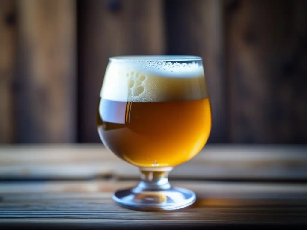 Cerveza artesanal de color ámbar con espuma cremosa en una mesa de madera rústica - Producción Zero Waste