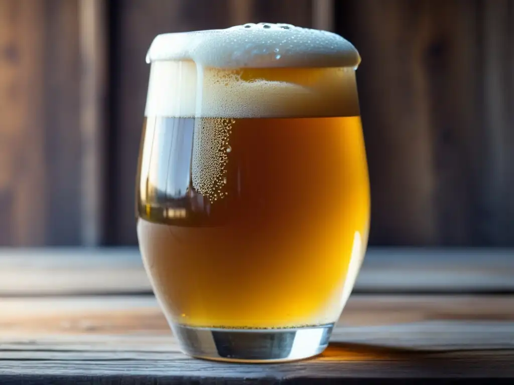 El Arte del Agua: Vaso de cerveza casera dorada y turbia, con espuma cremosa, gotas de condensación y ingredientes cerveceros