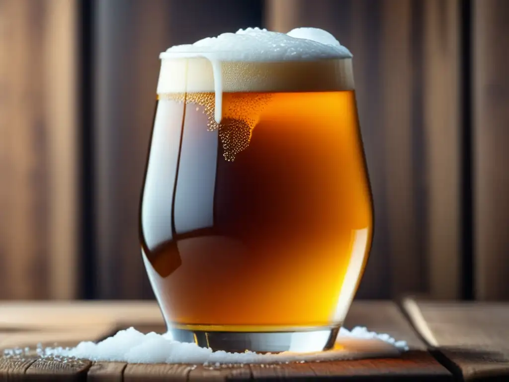 Foto detallada de cerveza artesanal ámbar en vaso sobre barril de madera, con espuma blanca y etiquetas de botellas de cerveza en fondo desenfocado