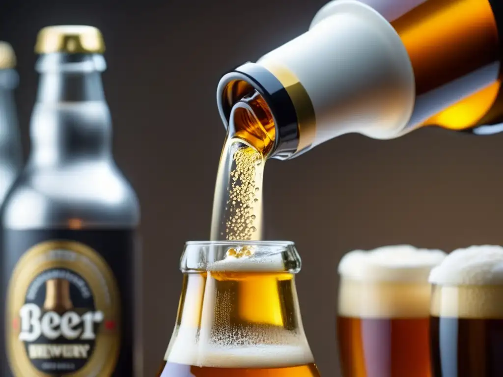 Cerveza artesanal: guía botellas llenas de líquido dorado en detalle