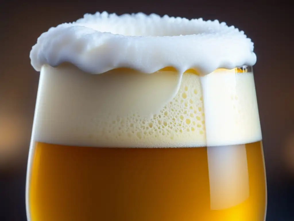 Cerveza artesanal con espuma cremosa y burbujas, resaltando lujosamente la elegancia y el sabor de Ciencia y Sabor