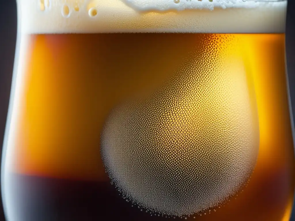 Un vaso de cerveza artesanal con espuma y color ámbar, condensación en el vidrio