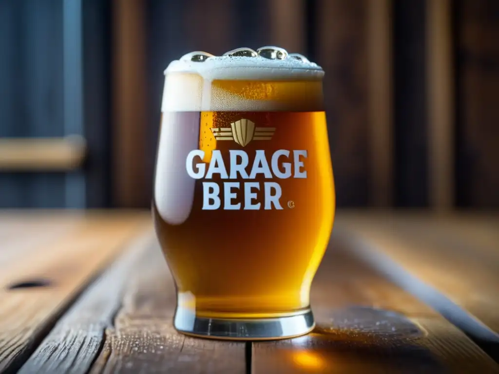 Cerveza artesanal Garage Beer Co, vidrio lleno de claridad, espuma blanca y aroma de lúpulo