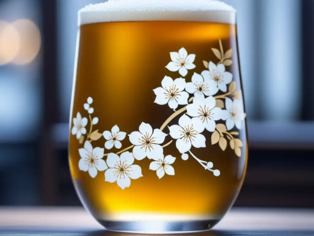 Cerveza japonesa: vaso artesanal con espuma blanca y patrones de flores de cerezo, reflejando la conexión entre la cultura japonesa y la naturaleza