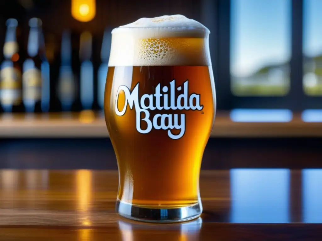 Cerveza artesanal Matilda Bay en vaso de vidrio con espuma abundante sobre mesa de madera