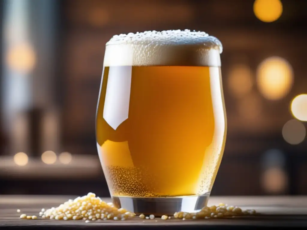 Cerveza artesanal dorada con espuma cremosa, granos de cebada y lúpulo en mesa de madera - Movimientos cerveceros Europa