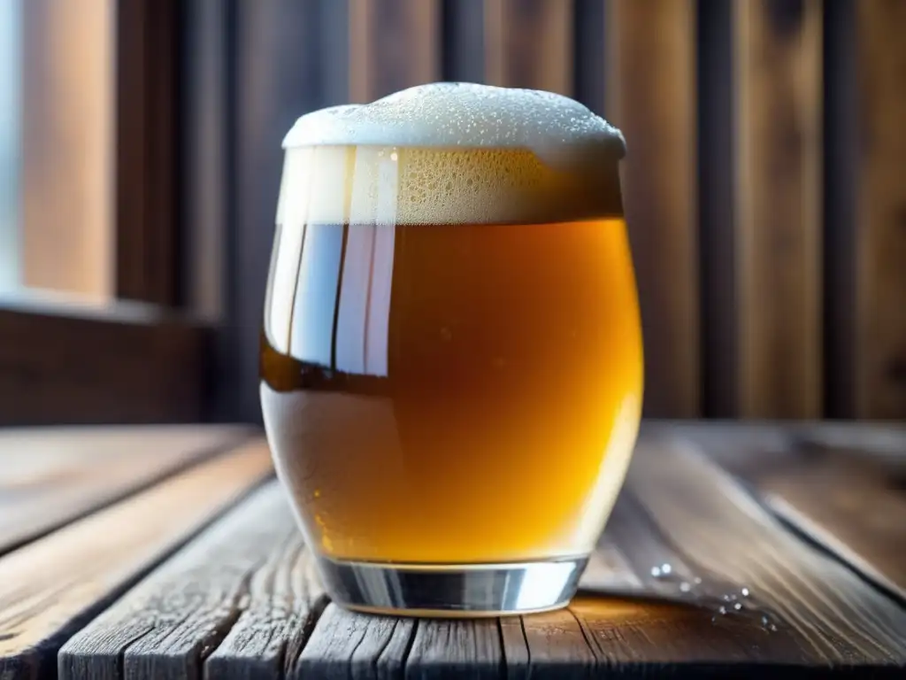 Exquisita cerveza artesanal en mesa rústica, con burbujas, espuma cremosa y detalles de vidrio - Bares en Ciudad de México