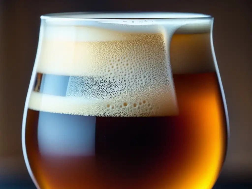 Pasión por las Ales: detalle de una cerveza ámbar con burbujas y espuma, sostenida elegantemente