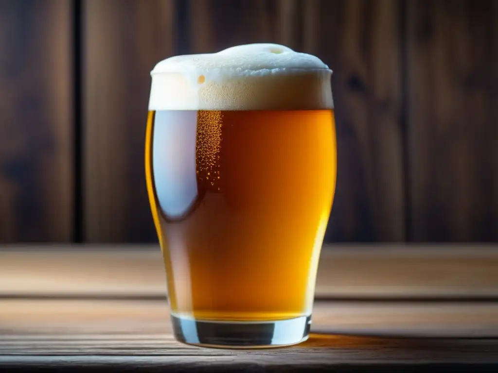 Cerveza perfectamente servida con espuma cremosa en una mesa de madera - Ajuste pH en la cerveza