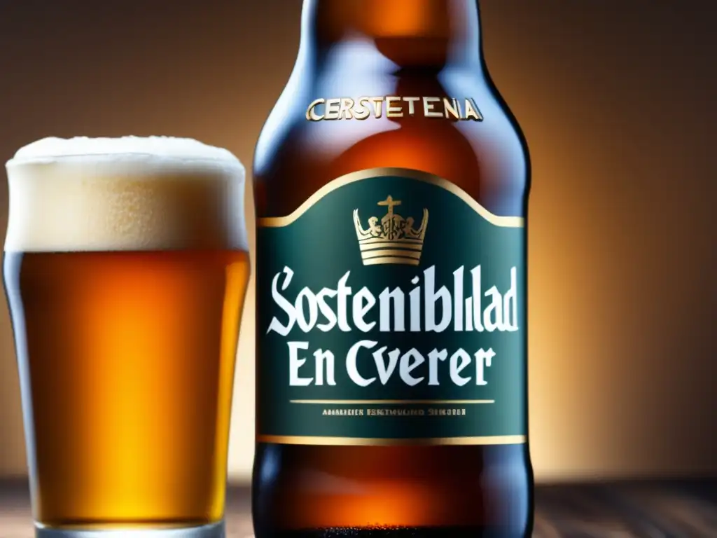 Botella de cerveza artesanal ámbar, etiqueta minimalista, acabado mate, condensación en vidrio frío, paisaje verde, sostenibilidad