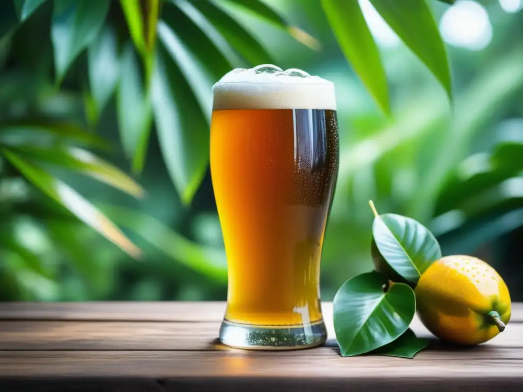 Ruta por Brasil: Cerveza artesanal dorada rodeada de frutas tropicales y hojas verdes vibrantes en una mesa de madera rústica