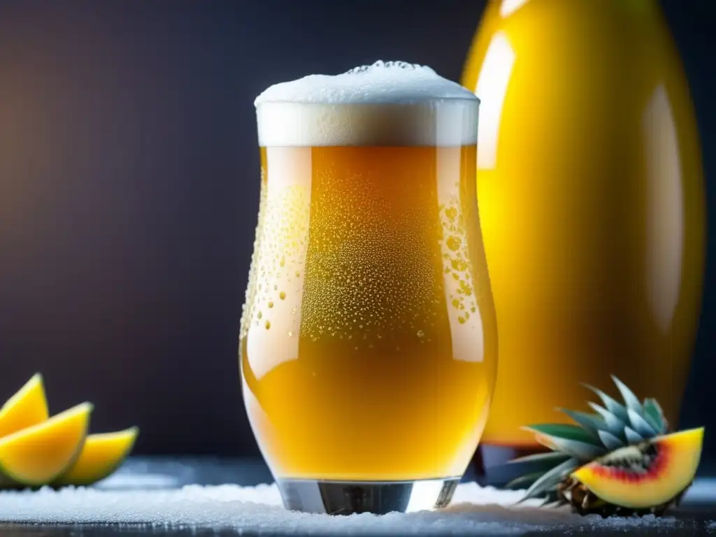 Ruta por Brasil: Cerveza artesanal dorada con frutas tropicales y burbujas, refrescante y sofisticada