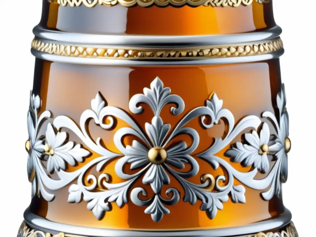 Tradicional cerveza austriaca en un vaso con detalles pintados a mano y metalurgia ornamental, capturando la esencia de los viajes a Austria