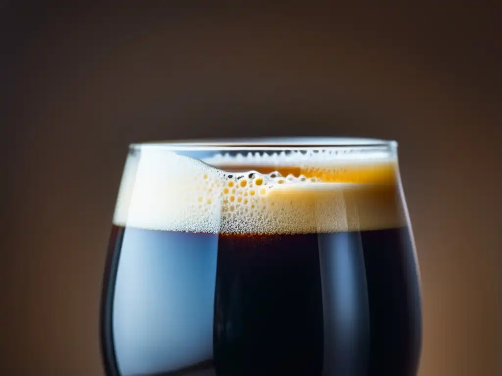 Cerveza Porter báltica: textura aterciopelada y color profundo, cabeza cremosa y elegante, sostenida delicadamente -