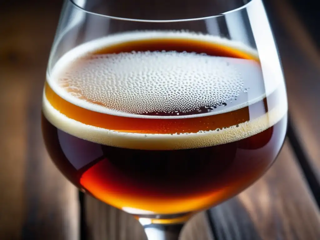 Barleywine en vaso snifter ámbar sobre mesa de madera