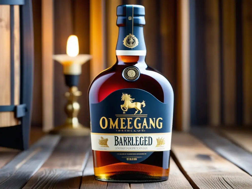 Ediciones limitadas: Botella de Ommegang envejecida en barrica de vino, exhibida con elegancia en superficie de madera rústica