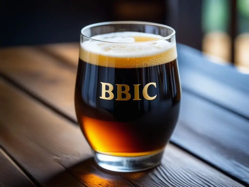 Vaso de BBC Cajica Honey, cerveza stout oscura y rica, con espuma tostada contrastando con el líquido ébano