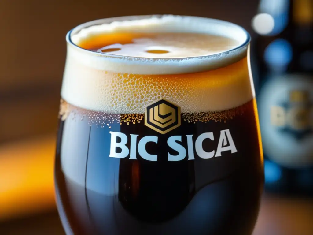 Una deliciosa cerveza BBC Cajica Honey Stout, con espuma cremosa y color marrón oscuro, perfecta para disfrutar