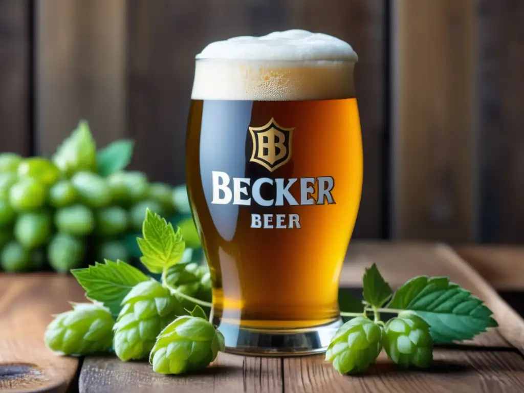 Imagen de cerveza Becker en mesa de madera, rodeada de lúpulos y con espuma cremosa