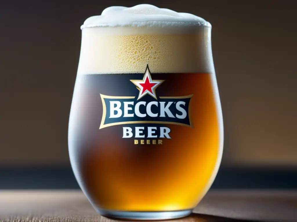 Cerveza Becks, dorada con espuma abundante y burbujas efervescentes