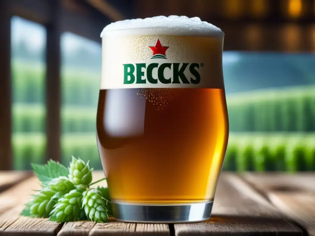 Cerveza Becks con condensación en vaso, ingredientes, burbujas y apariencia refrescante