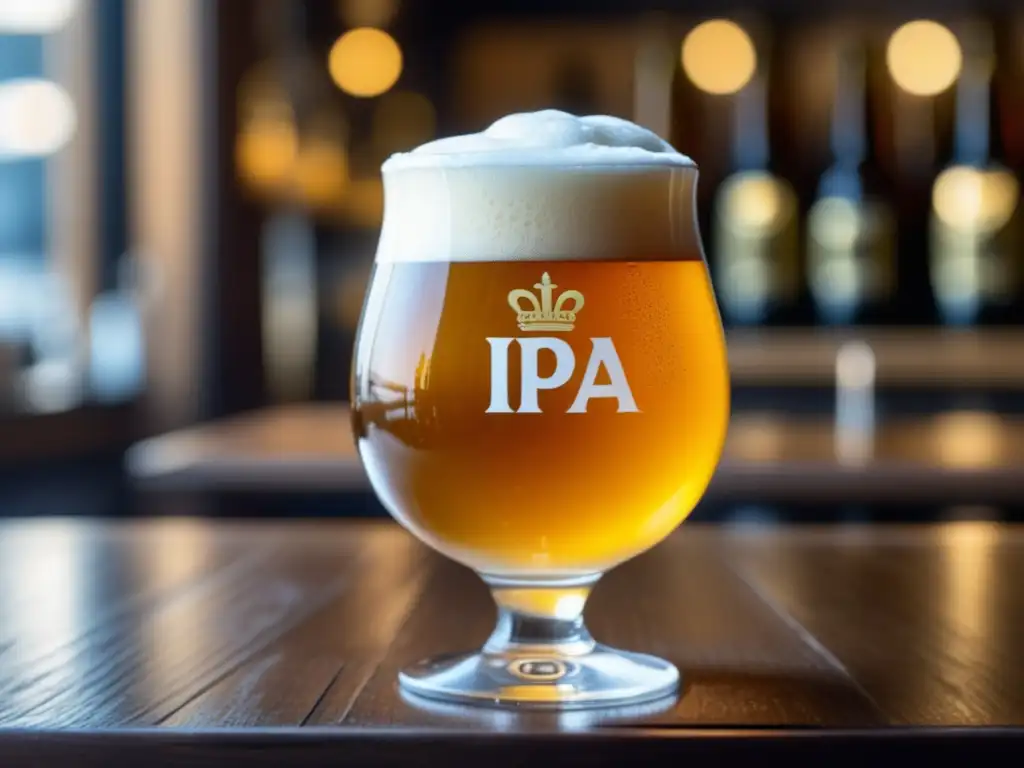 Cerveza belga IPA dorada con espuma blanca en un vaso adornado y detalles artesanales