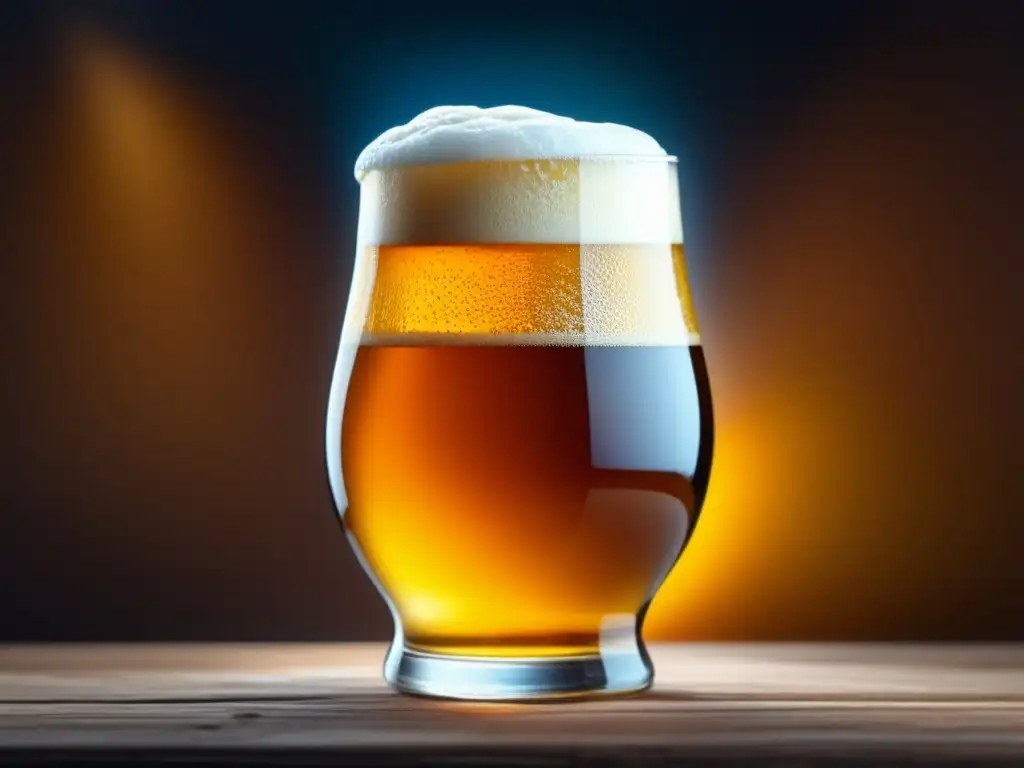 Cerveza belga casera en vaso con espuma cremosa y detalles en 8K