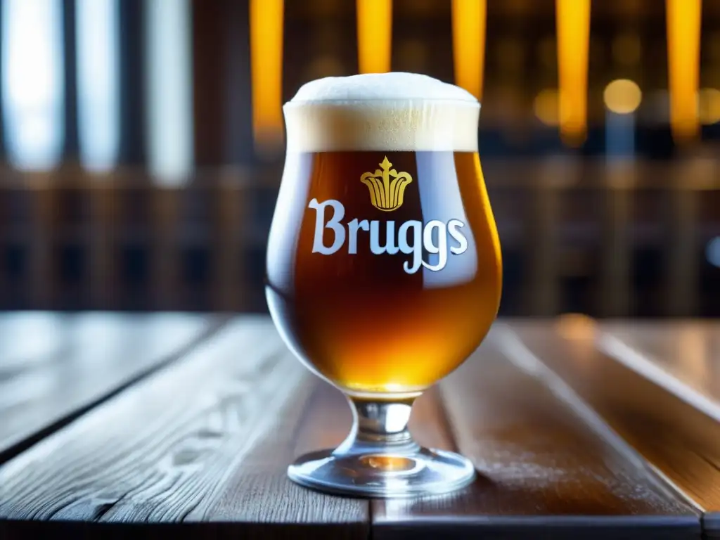 Cerveza belga en copa tulipa, color ámbar con espuma blanca y burbujas brillantes