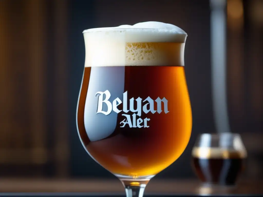 Cerveza belga: Vaso de cerveza belga ámbar con espuma y detalles elegantes