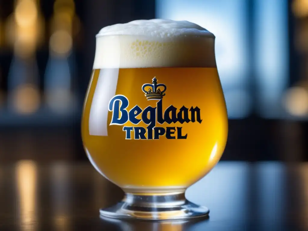 Cerveza belga Tripel, burbujeante y dorada con espuma blanca cremosa, reflejos ámbar y logo de la cervecería belga