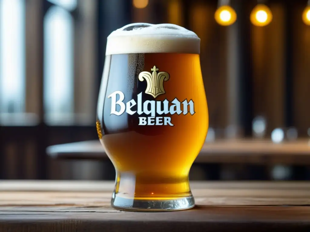 Imagen detallada cerveza belga dorada en vaso con logo 'Belgian Beer Weekend' en mesa de madera