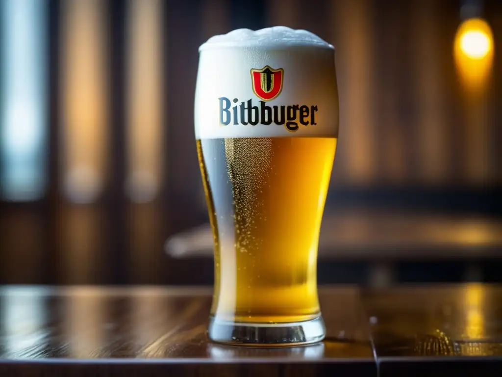 Pilsner dorada Bitburger con espuma blanca, refrescante y elegante